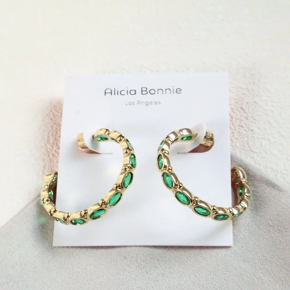 Alicia Bonnie Gold Radiant Green Crystal Abbie Hoop Earrings NEW
